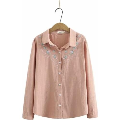 Plus size embroidery pink white navy cotton women loose shirts 2021 new spring autumn casual ladies blouse female tops