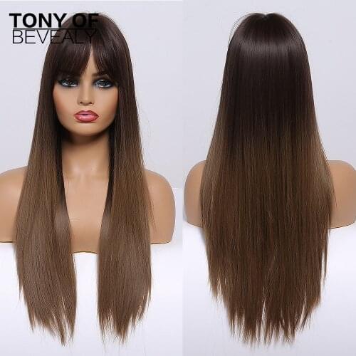 Long Straight Ombre Brown Synthetic Hair Wigs With Bangs For Afro Women Daily Cosplay Natural Wigs Heat Resistant Fiber Wigs