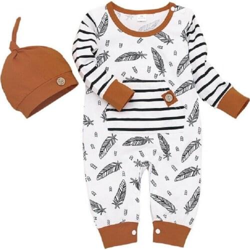 Newborn Kid Baby Girl Boy Feather Romper Clothes Long Sleeve Print Jumpsuit Hat Autumn Outfit