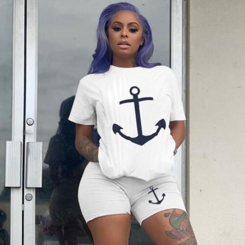 2 Piece Set Tracksuit Women Boat Anchor Print Two Piece Set Top And Shorts Femme Clothes Elastic Waist Shorts Set Lounge Wear