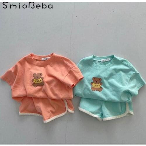 Korean New Ins Baby Boys Girls Cartoon Bear Sets Top Shirts+Pants Casual Comfortable Shorts Set Kindergarten Summer Clothes 1-3Y