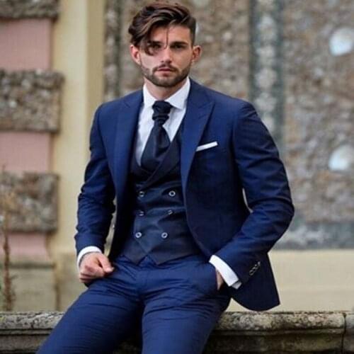 3 Piece Navy Peak Lapel Wedding Suits For Men Slim Fit Mens Business Casual V Neck Vest Costume Formal Terno Masculino Clothing