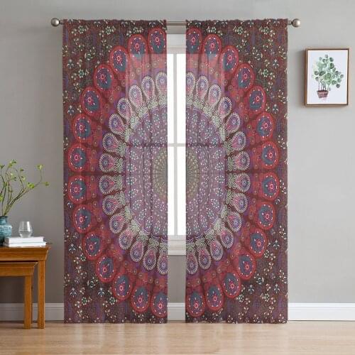 Mandala Pattern Red Sheer Curtains for Living Room Bedroom Kitchen Chiffon Tulle Curtains Home Hotel Coffee Decor
