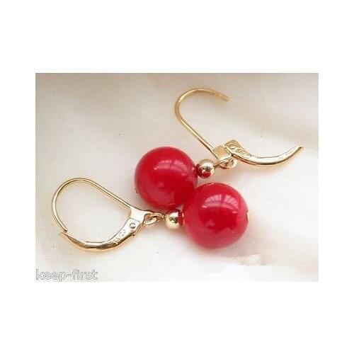 Hot sell new - -hot Fascinating Natural 10 mm Red Coral Beads Hook Earrings 14KLuxury Ms. girl Wedding