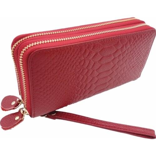 Hot Sell New Thick Purse Fashion Women Double Zipper Wallet Wristlet Bag With Serpentine Genuine Cow leather