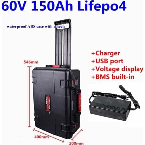 Waterprroof Lifepo4 60V 150Ah 130Ah 100Ah Lithium battery pack with BMS for trolling motor motorcycles outdoor power+10A charger