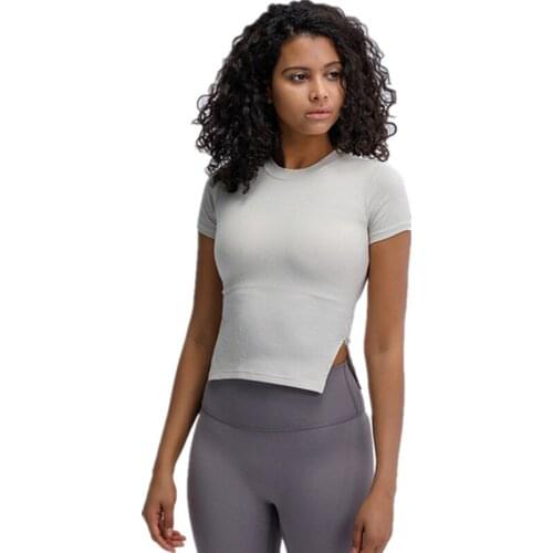 2021 Spring Summer New Womens Short-Sleeve Sports T-Shirt Breathable Running Fitness Top Bottom Split Fork Yoga Clothing