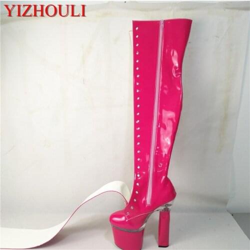 New female crossing knee boots, sexy and comfortable fashionable square heel circular toe, 18 centimeters tall heel boots
