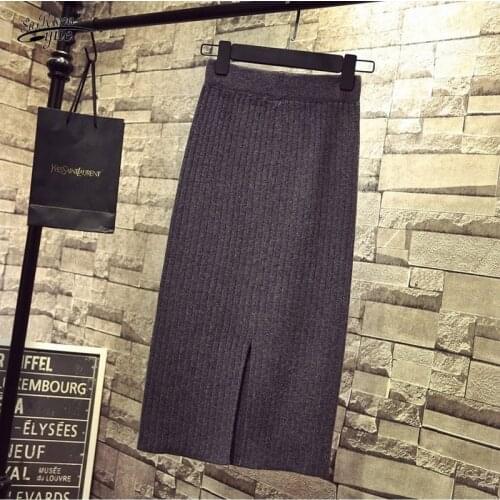 Autumn and winter high waist skirt split one-step skirt long skirt all-match mid-length knitted bag hip skirt skirt 16354