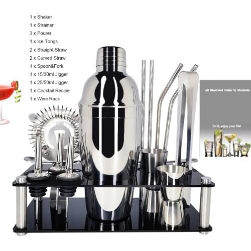 1-14 Pcs/Set Stainless Boston Snow Cocktail Shaker Mixer Drink Bartender Tools Set with Rack Frame Bar Cocktail Recipe