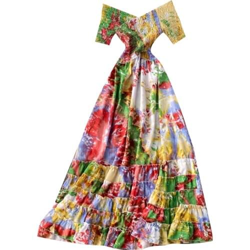 New Summer Women Sexy Crossed V-Neck Short Sleeve Elastic Slim Long Dress Fashion Colorful Tie Dye Big Hem Vacation Dress