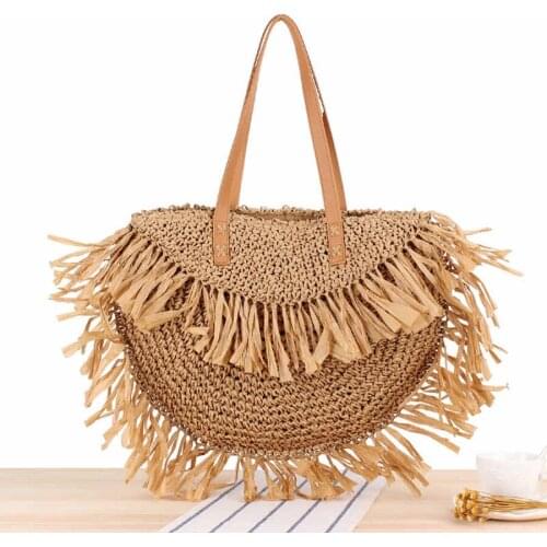 2021 Half Round Tassel Women Straw Bag Designer Spike Paper Rattan Shoulder Bags Large Casual Handbags Summer Beach Woven Purses