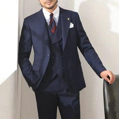 Navy Blue Business Formal Men Suits Slim Fit Groom Tuxedo for Wedding 3 Pieces Double Breasted Vest Jacket with Pants 2021