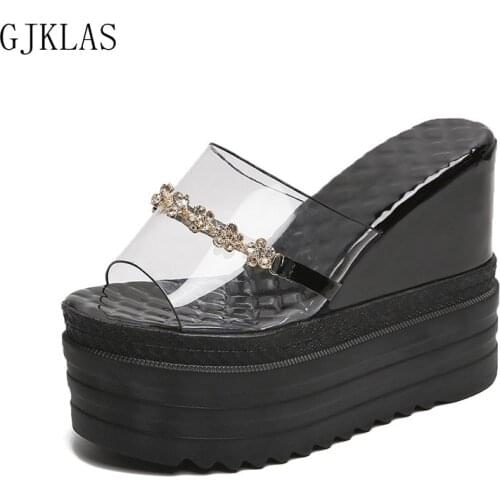 Transparent Wedge Heels Platforms Slippers Women Summer Casuales White Black High Heels Woman Slippers Sandals Fashion Shoes