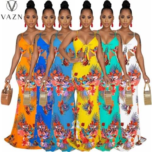 VAZN 2021 Spaghetti Strap Summer Boho V-Neck Sleeveless Party Beach Floral Print Maxi Dress Casual Sundress
