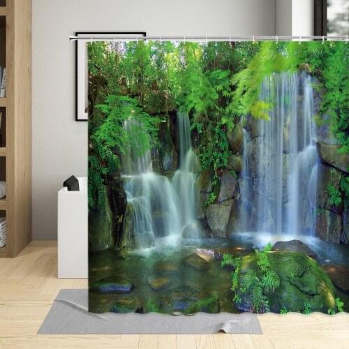 Spring Waterfall Scenery Shower Curtain Green Plant Flower Forest Rock Pattern Bathroom Decor Polyester Cloth Hanging Curtain Se