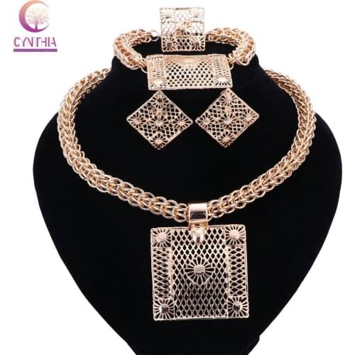 High Quality Fashion Gold Color Elegant Wedding Bridal Luxury Jewelry Sets Necklace Earrings Bracelet Ring Sets