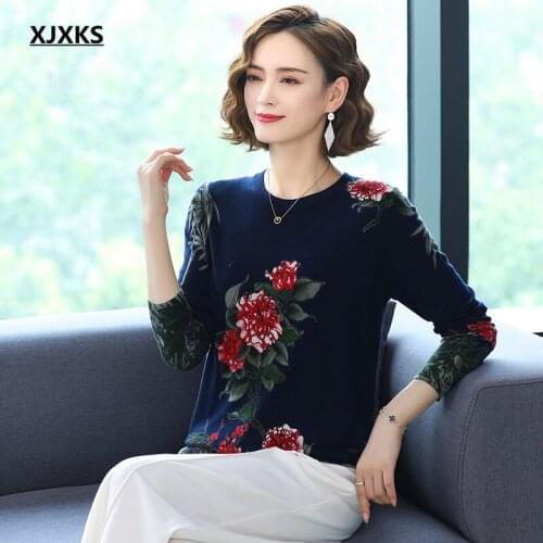 XJXKS Round neck long sleeve women printed sweater 2021 autumn winter new high-end cashmere knitted sweater women pullover