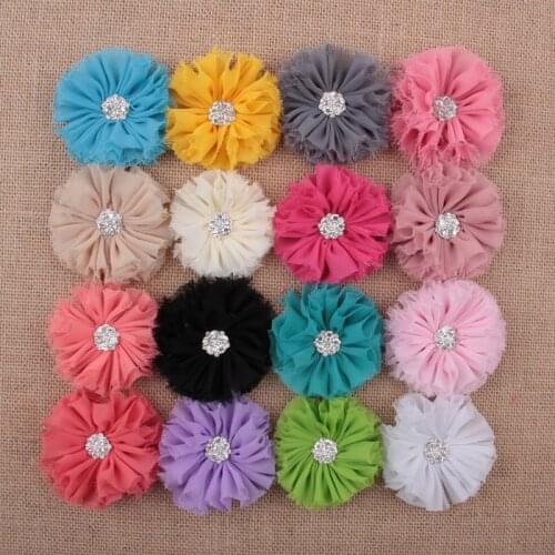 Yundfly 10PCS Fashion 7cm Artificial Frayed Chiffon Flower With Rhinestone Button Fluffy Fabric Flowers For DIY Baby Headbands
