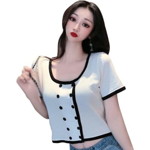 Women O Neck Color Matching Tee Shirts Slim Expose Navel Knitted Short Sleeve Tops Summer Female Casual T-Shirts