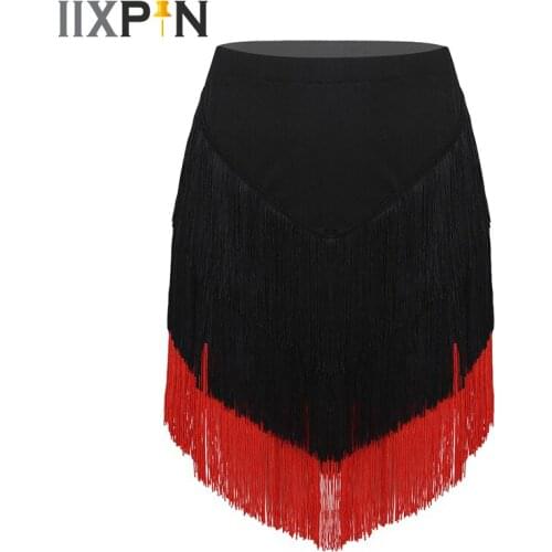 Tassels Latin skirt Women Elastic Waist Fringe Tassels Asymmetric Latin Dance Skirt Built-in Shorts Tango Rumba Ballroom Skirts