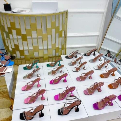 2021 Summer Fashion Square Head Open Toe Rhinestone with High Heel Sandals Wine Glass and Womens Slippers