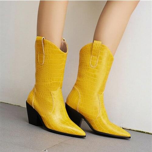 2020 New Boots Western boots Women Boots Square heel Fashion Pointed toe Ladies Sexy Boots yellow blue white black