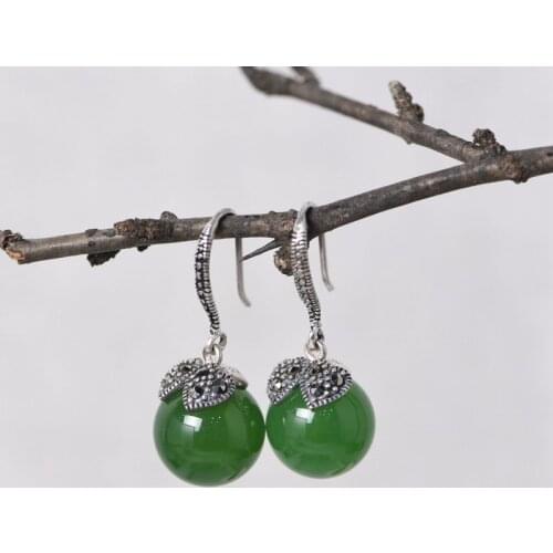 FNJ Ball Green Agate Earrings 925 Silver Original Pure S925 Sterling Silver Drop Earring for Women Jewelry MARCASITE