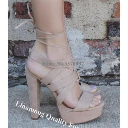 Linamong Women Elegant Open Toe Suede Leather High Platform Chunky Heel Gladiator Sandals Strap Cross Lace-up High Heel Sandals