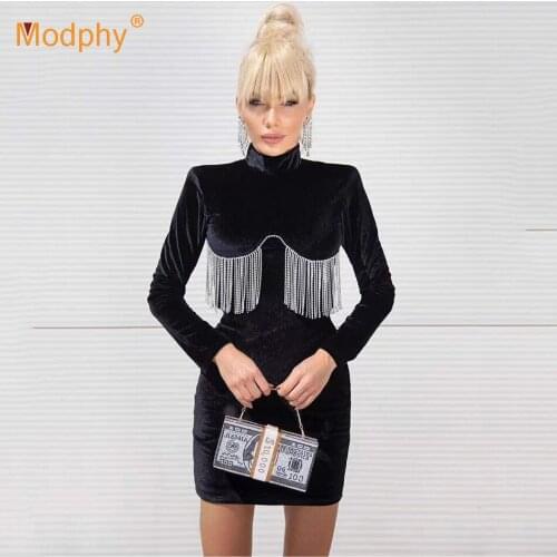 High Quality Black Elegant Velvet Dress Sexy High Neck Diamond Tassel Bodycon Mini Dresses Club Celebrity Evening Party Vestidos