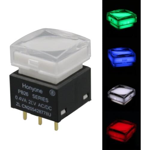 1Pc PB26 Transparent Cover 15mm Momentary Push Button Switch Singel Color LED Light SPDT