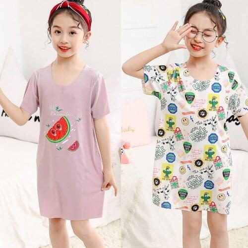 2021 New Summer Short Sleeve Sleep Dresses for Girls 2-16 Years Kids Children Cute Traceless Pajamas Clothing Girls Nightgowns