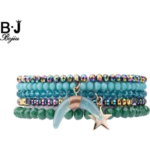5 Pcs/Set Blue Green Crystal Star Moon Charms Bracelets For Women Multicolor Metal Nugget Crystal Beads Strand Bracelet BCSET165