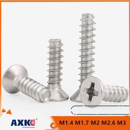 50pcs M1.4 M1.7 M2 M2.6 M3 Micro Small 304 Stainless Steel Cross Phillips Countersunk Head Flat End Top Self-tapping Wood Screw