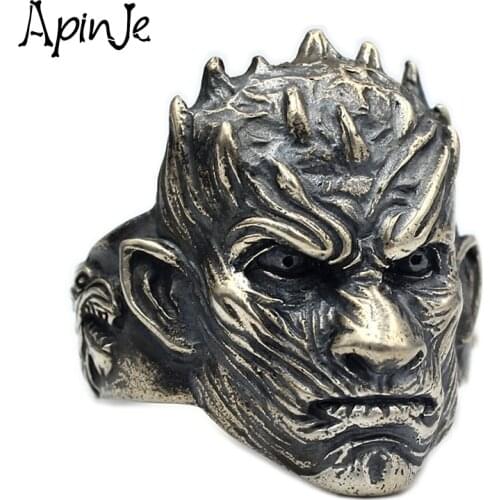 Apinje Skull Ring 925 Sterling Silver Men Rings Skeleton Punk Gothic Wolf Totem Man Thai Silver Jewelry