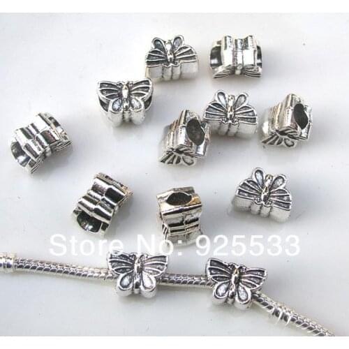 Free shipping 50pcs/lot 13x8x9mm big hole antique silver plated metal butterfly beads fit European bracelet jewelry DIY
