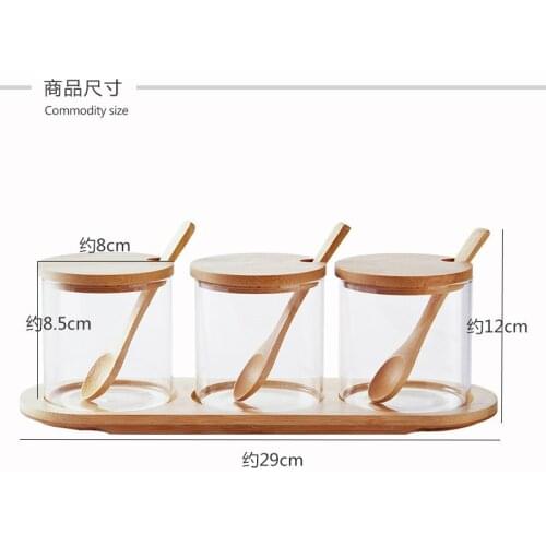 Salt sugar seasoning bottle Japanese glass bamboo wood cover dressing tank set round adjuvant storage tank with bamboo spoon