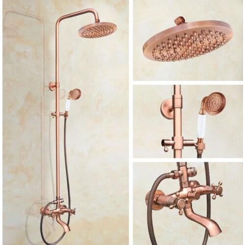 Rainfall Wall Mount Bath Shower Mixer Taps Antique Red Copper Bathroom Shower Set Dual Handle Shower Faucet Tub Spout zrg516