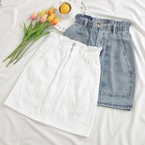 2020 Summer New Korean Ulzzang Wood Ear Elastic Waist Large Pocket High Waist Skirt Denim Skirt SK429