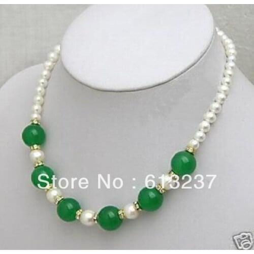 Hot free Shipping new 2014 Fashion Style diy 7-8MM white Akoya Pearl & Green chalcedony Necklace 18" MY5203