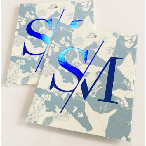 High Quality Custom 600g Blue Gold Foil Stamping 8x10cm Clothing Paper Swing Hang Tags For Garment