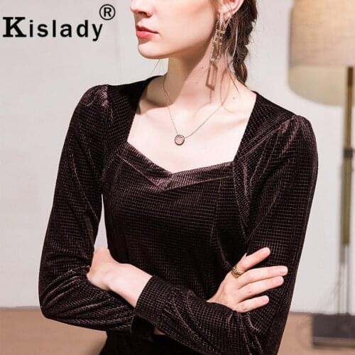 Kislady Winter Women Long Sleeve Square Collar Pleuche Shirt Elegant OL Tops Striped Shirt Korean Sexy Harajuku Gothic Clothes