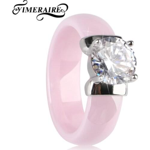 New Beautiful Sweet Pink Smooth Ceramic Finger Rings With Big Round Shimmering Crystal For Fashion Women Jewelry Accessories 6mm