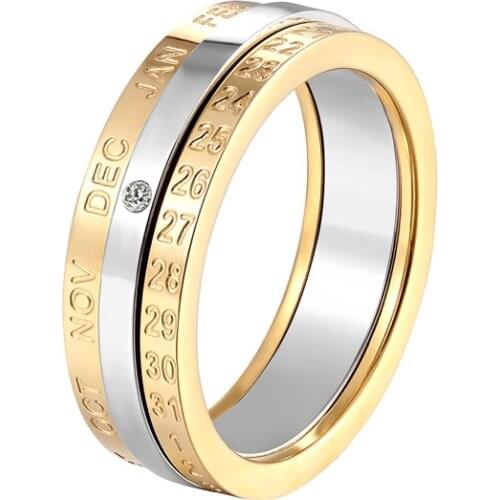 New Rotatable Month And Date Crystal Ring For Women Top Quality Stainless Steel Gold And Silver Color Ring Wedding Jewelry