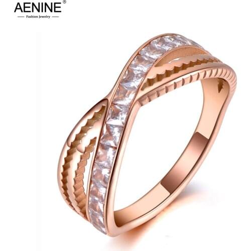 AENINE Fashion Titanium Stainless Steel X Shape Female Ring Jewelry Rose Gold Mosaic CZ Crystal Wedding Rings For Women AR19142