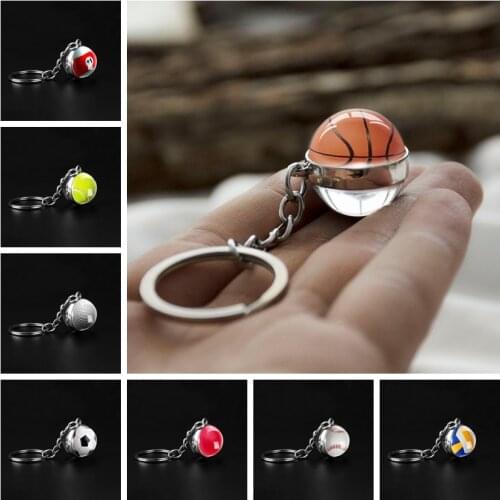 Fashion Glass Ball Keychain Basketball Baseball Football Volleyball Tennis Rugby Softball Picture Glass Pendant Metal Keyring