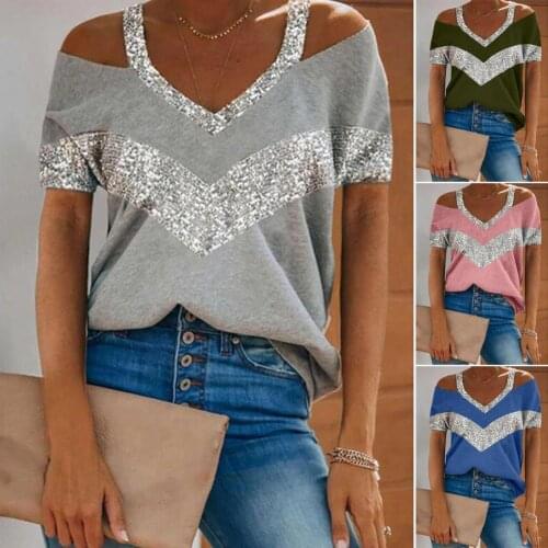Fashion Street Hipster Pullover T-shirt Female M-4XL Summer Casual V-neck Patchwork Sequin Short-sleeved Loose T-shirt