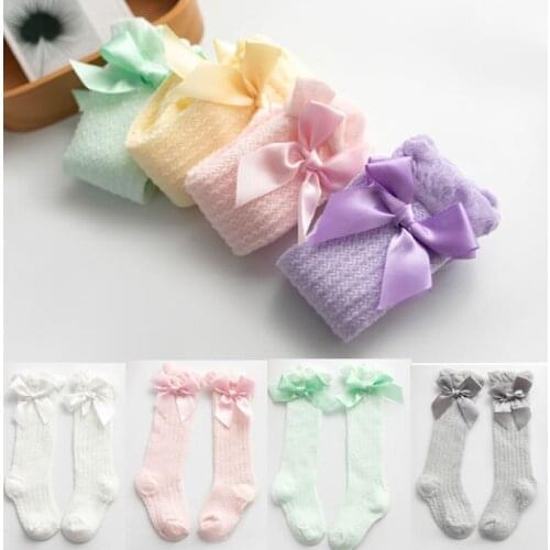 Newborn Socks Mesh Knee Bowknet Babys Socks Summer Thin Anti-mosquito Socks Ordinary Socks Bubble Mouth Vertical Striped Cotton