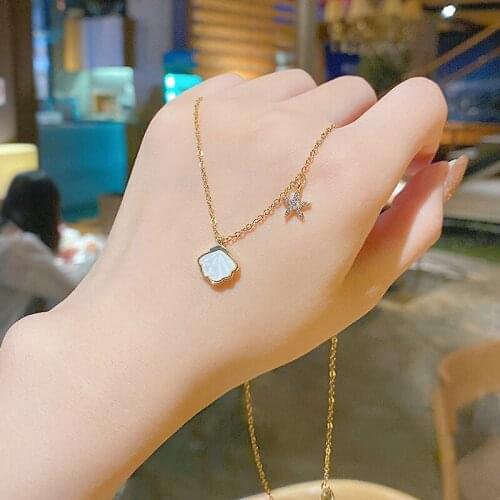 New fation Titanium Shell Starfish Scallop Zirconia Pendant Necklace Stainless Steel Clavicle Chain Necklace Women Jewelry Gifts