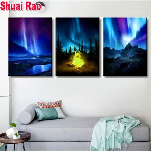 Full Square/Round drill diamond Painting Blue Aurora 5D DIY diamond embroidery mosaic Decoration painting landscape,3 Piece